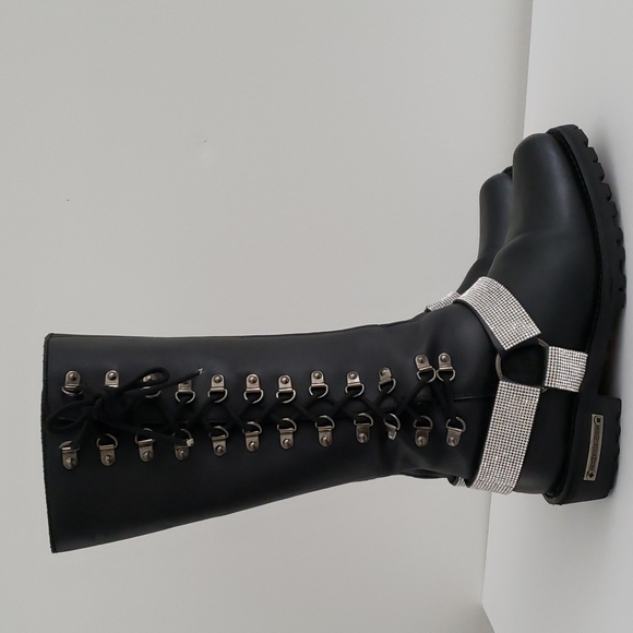 Milwaukee tall leather lace-up harness boots with bling - Picture 2 of 16